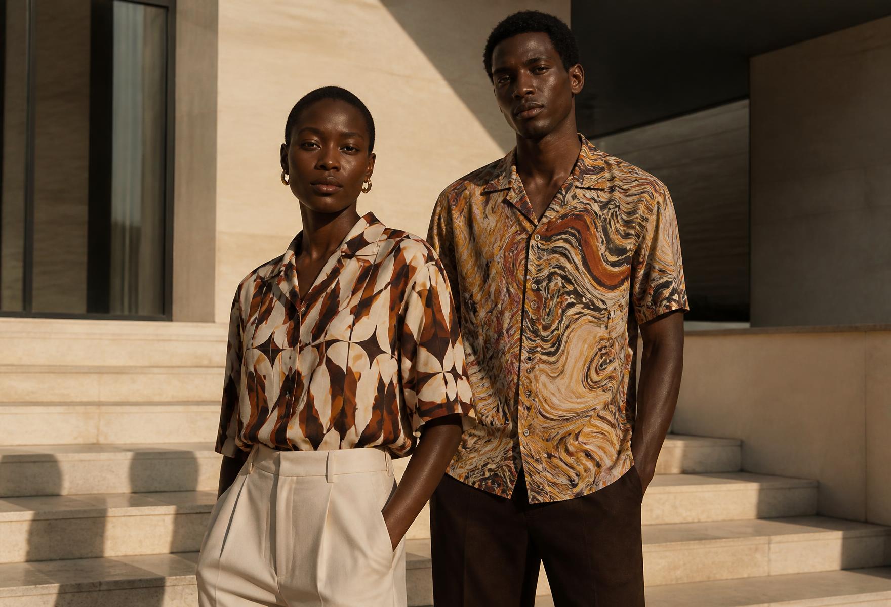 Editorial campaign — Nigerian male and female models wearing printed camp collar shirts on sunlit stone steps