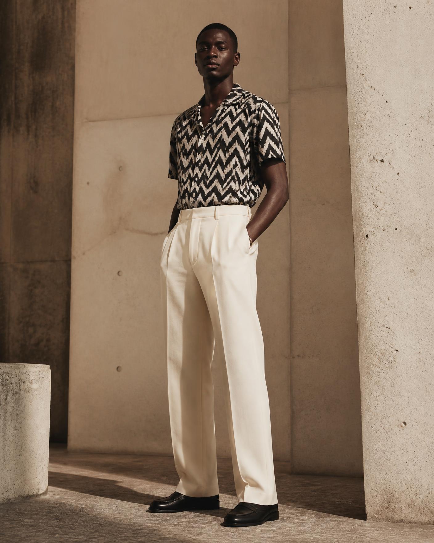 Nigerian male model wearing the Black & White Zigzag Printed Camp Collar Shirt in a sunlit concrete colonnade